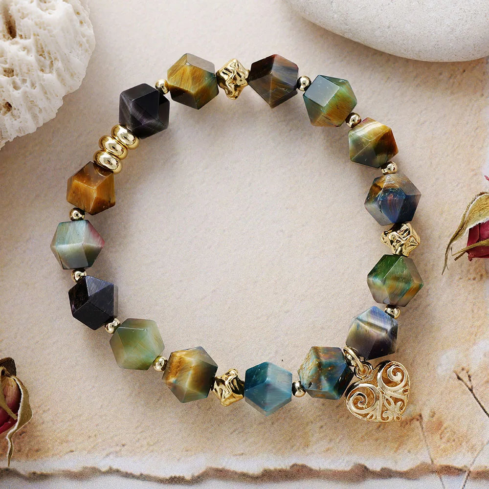 Natural Mixed Tiger's Eye Beads Heart Charm Bracelet
