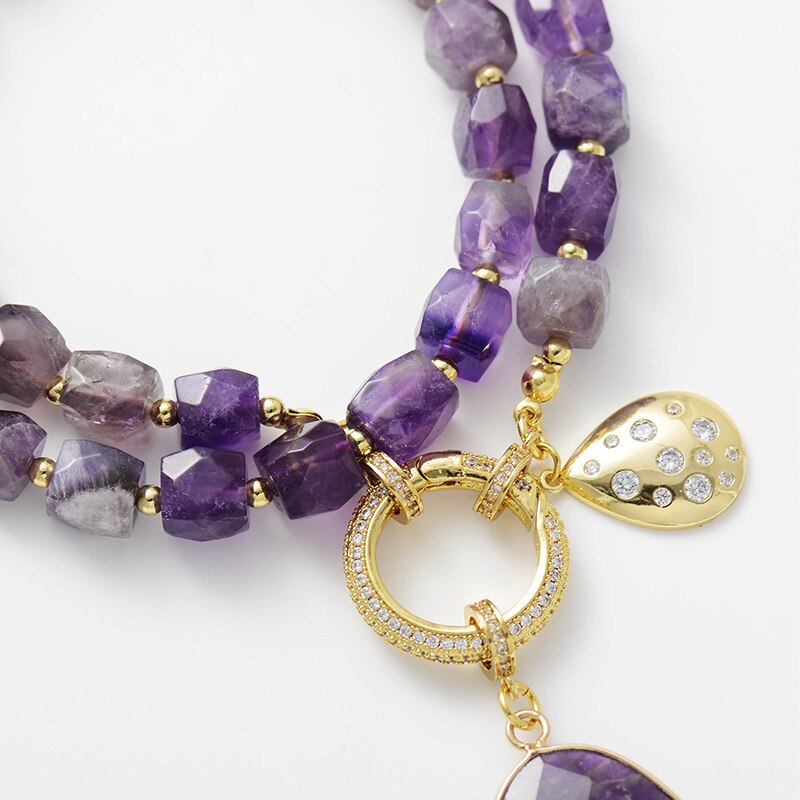 Natural Amethyst & Zircon Pendant Lariat Necklace