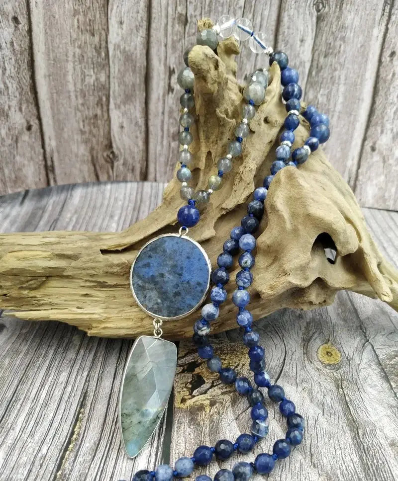 Natural Labradorite, Clear Quartz & Lapis Lazuli Boho Necklace