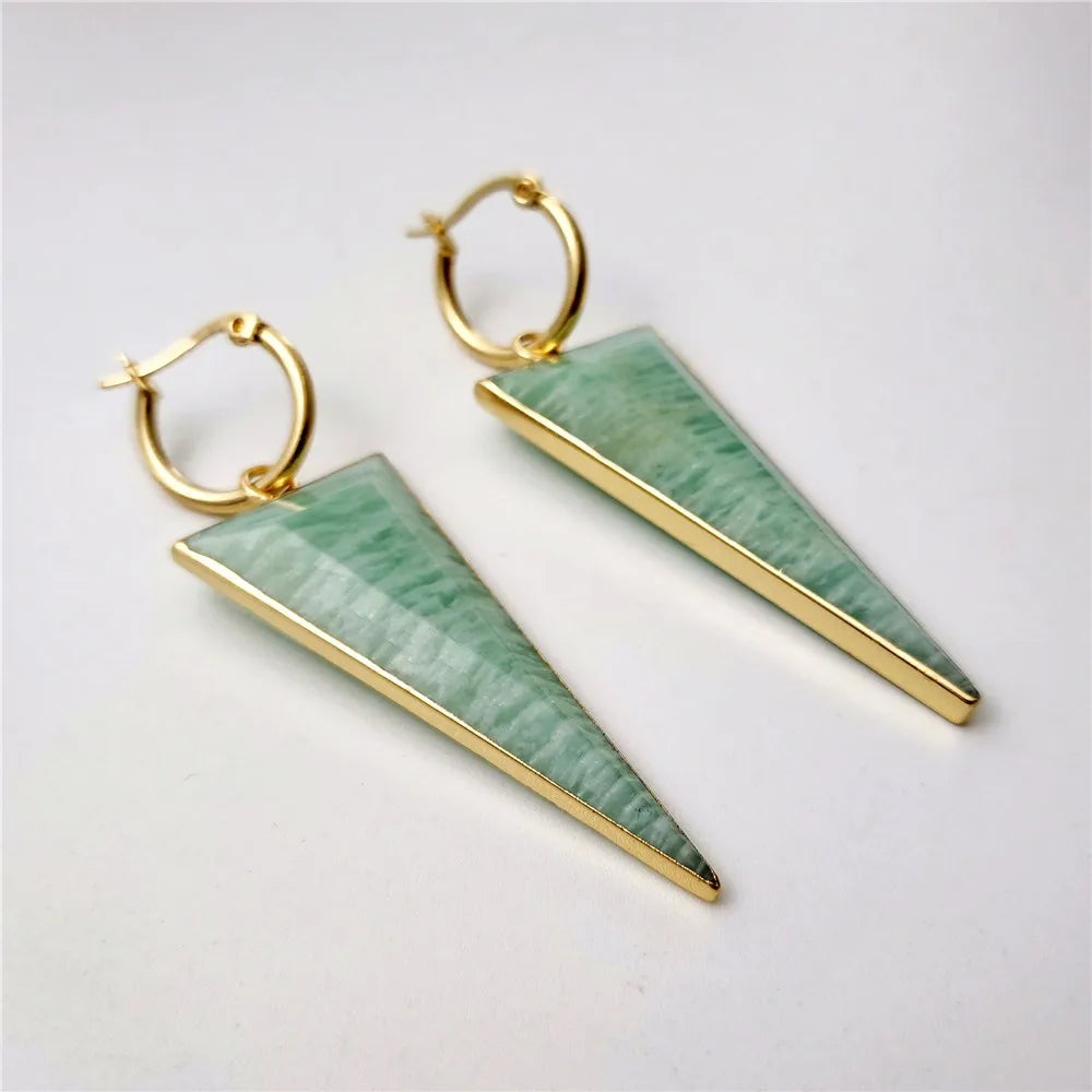 Natural Amazonite Gold Plated Triangular Earrings