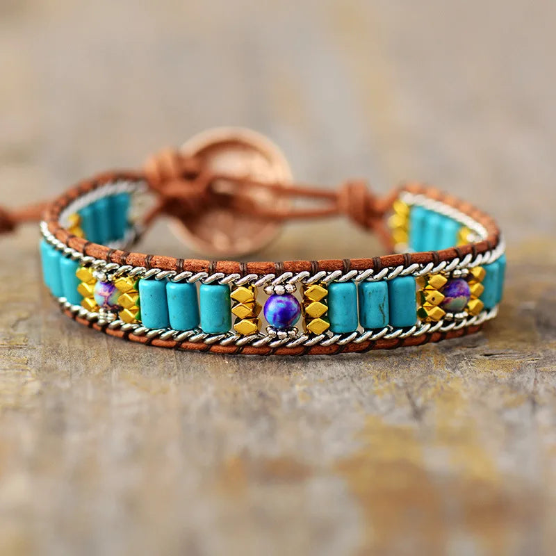 Natural Turquoise & Imperial Jasper Leather Wrap Bracelet