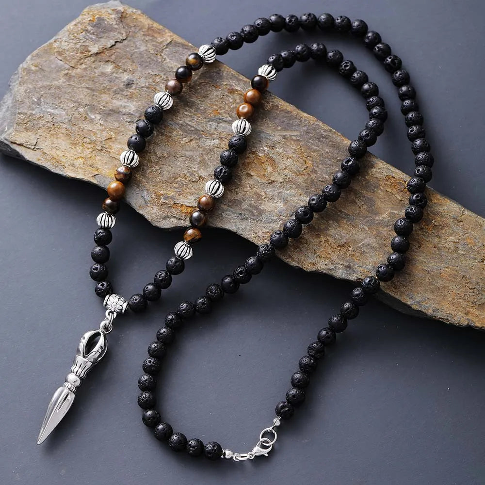 Natural Lava Stone, Tiger Eye & Vajra Pendant Tibetan Buddhist Necklace