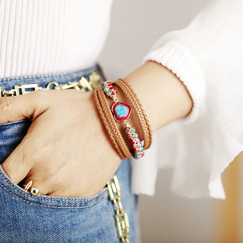 Natural Red Sediment Stone Heart Wrap Bracelet