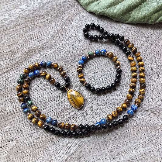 Natural Ruby Zoisite, Tiger Eye, Lapis Lazuli & Black Onyx 108 Beads Mala Set