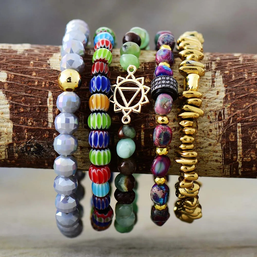 Natural Gemstones & Glazed Beads Hippie Bracelet Set