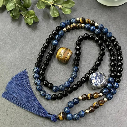 Natural Obsidian, Ocean Jasper and Tiger's Eye 108 Beads Mala Necklace