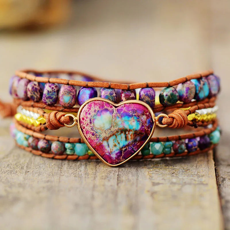 Natural Imperial Jasper Heart  Leather Wrap Bracelet