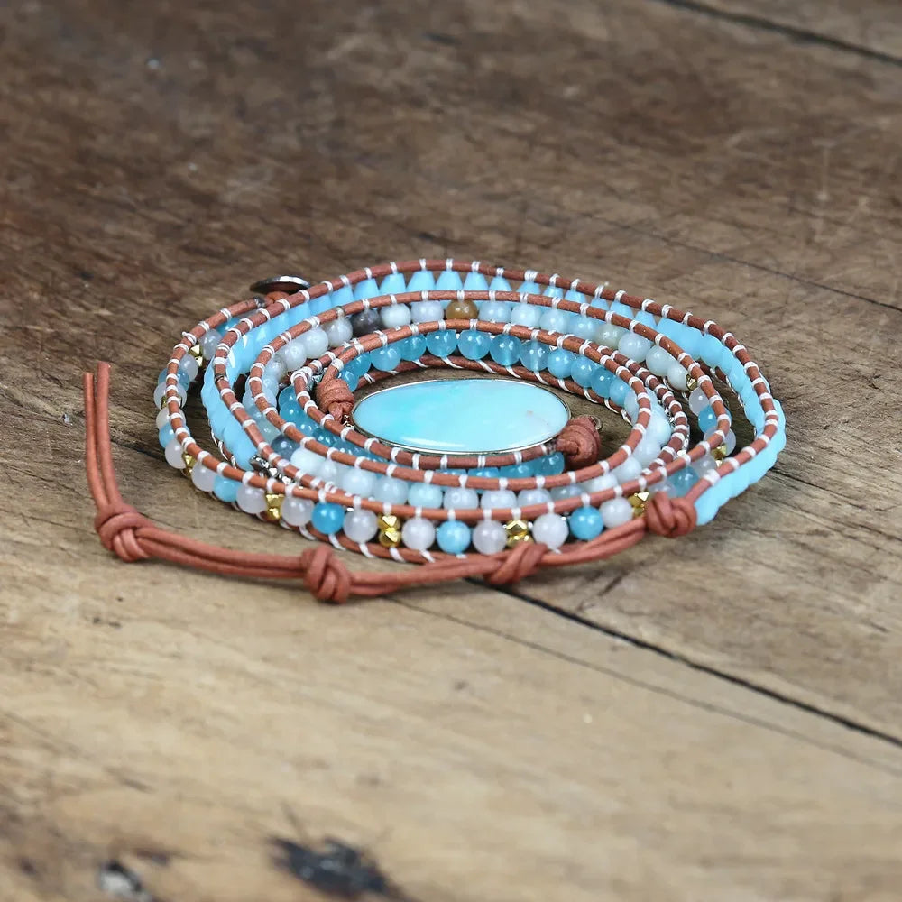 Natural Amazonite Leather Wrap Bracelet