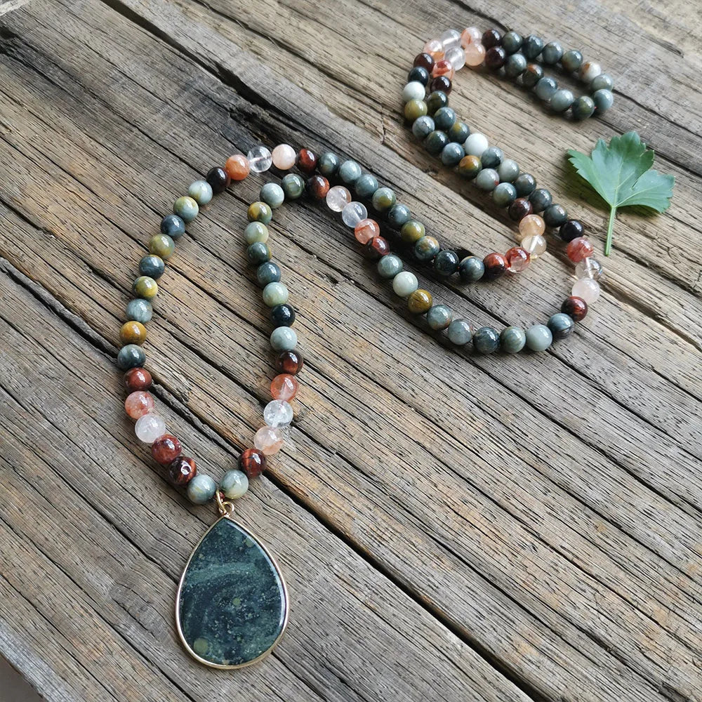 Natural Jasper, Fire Quartz, Agate, Tiger & Eagle Eye 108 Beads Mala Necklace