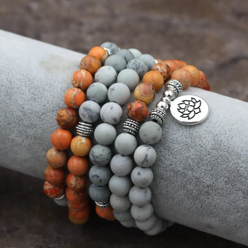 Natural Orange Jasper & Snowflake Obsidian 108 Beads Mala