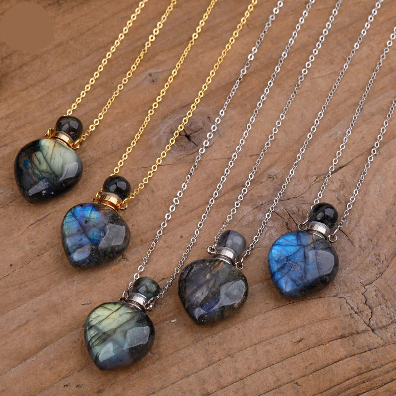 Natural Labradorite Heart Shaped Perfume Bottle Necklace