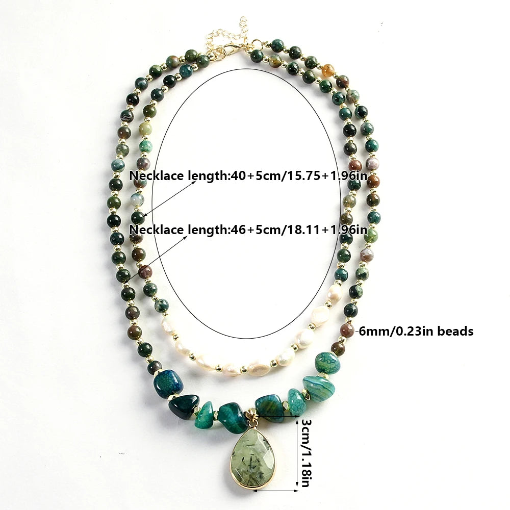 Natural Pearls, Indian Agate, Apatite & Prehnite Pendant Double Layer Necklace