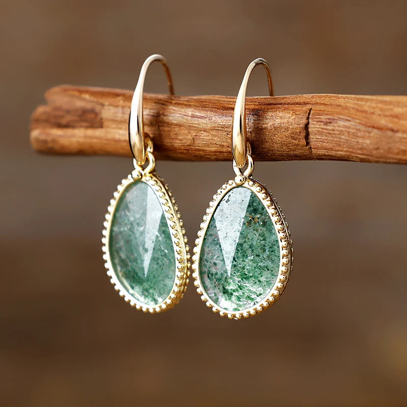 Natural Green Strawberry Quartz Gold Plated Earrings