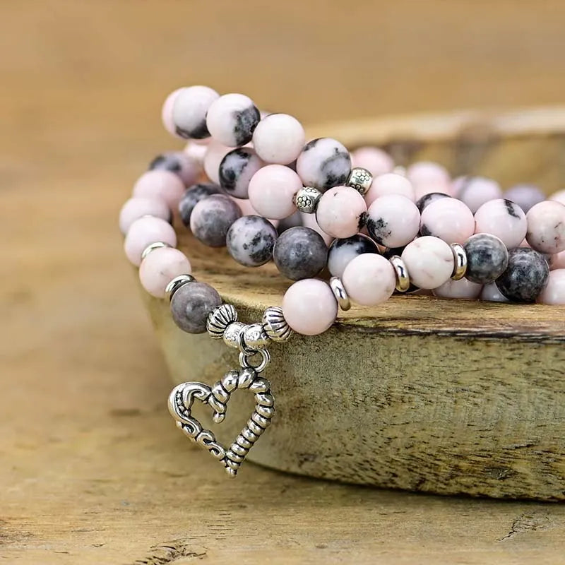 Natural Pink Zebra Stone 108 Beads Mala Necklace Wrap Bracelet