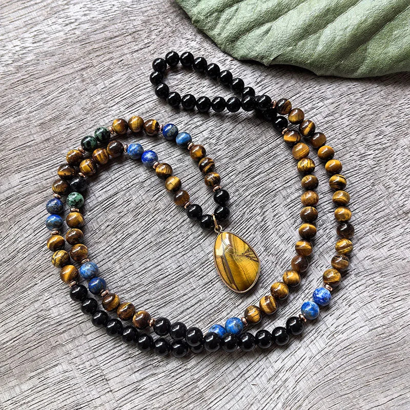 Natural Ruby Zoisite, Tiger Eye, Lapis Lazuli & Black Onyx 108 Beads Mala Set