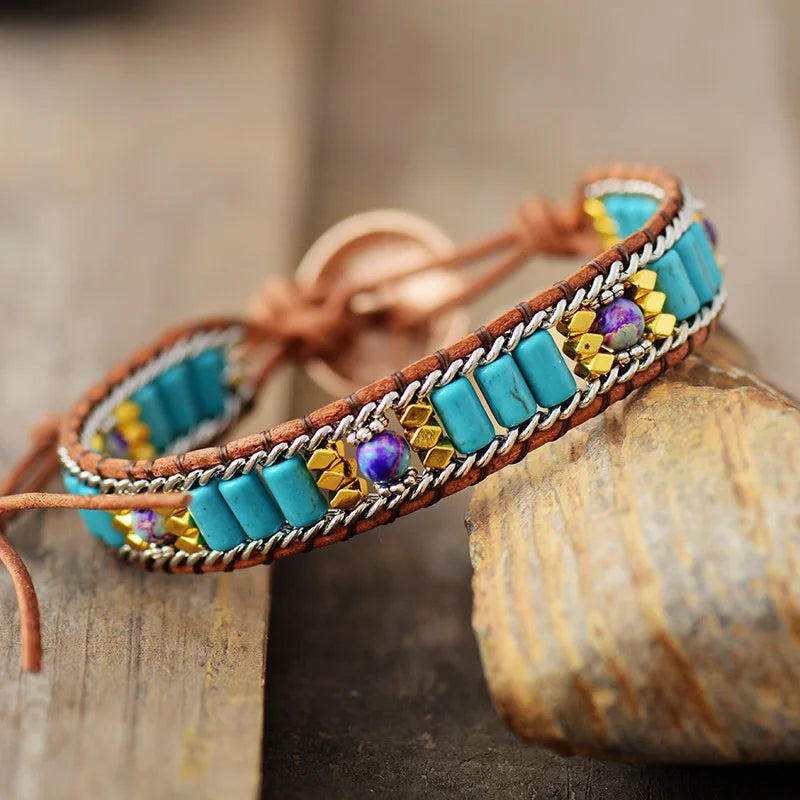 Natural Turquoise & Imperial Jasper Leather Wrap Bracelet