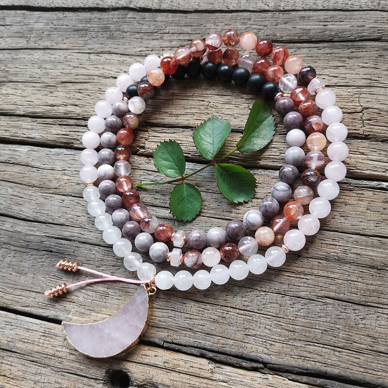 Natural Fire Quartz, Onyx, Jasper, White & Rose Quartz 108 Beads Mala Necklace / Bracelet