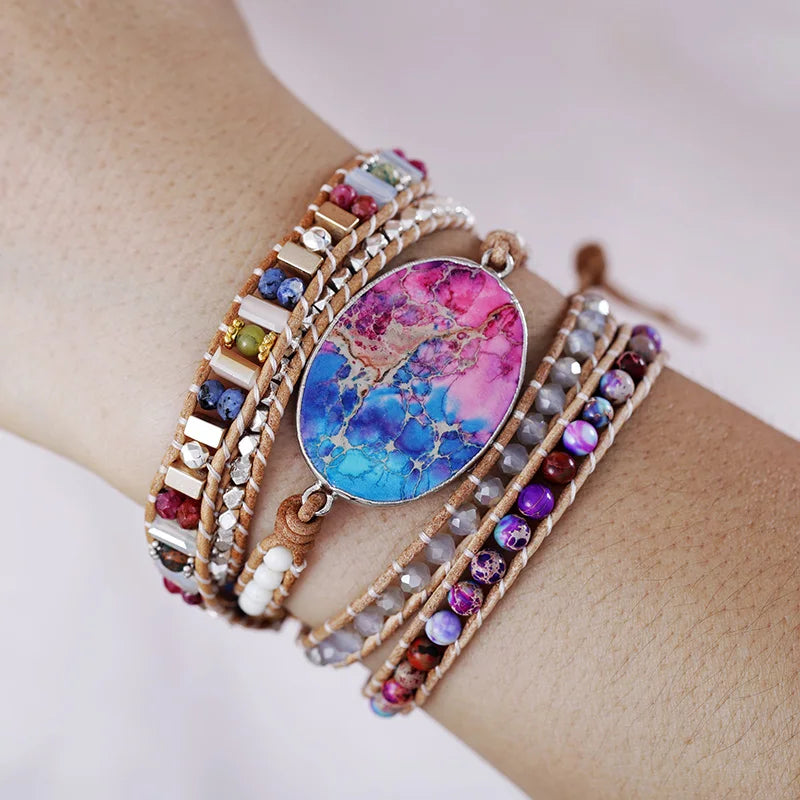 Natural Sea Sediment Jasper & Agate Vegan Leather Wrap Bracelet