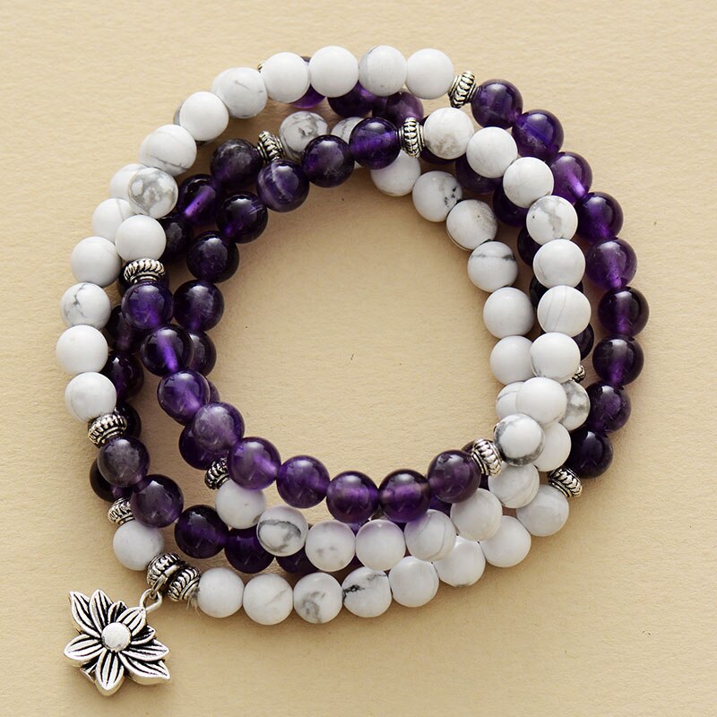 Natural Howlite & Amethyst 108 Beads Mala Necklace Wrap Bracelet