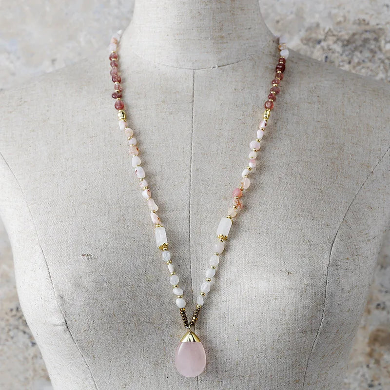 Natural Strawberry Quartz, Agate & Rose Quartz Necklace