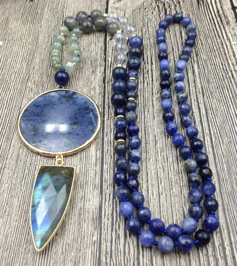 Natural Labradorite, Clear Quartz & Lapis Lazuli Boho Necklace