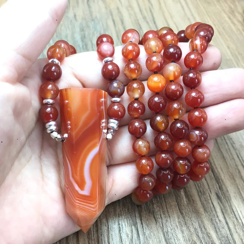 Natural Red Agate 108 Beads Point Pendant Mala