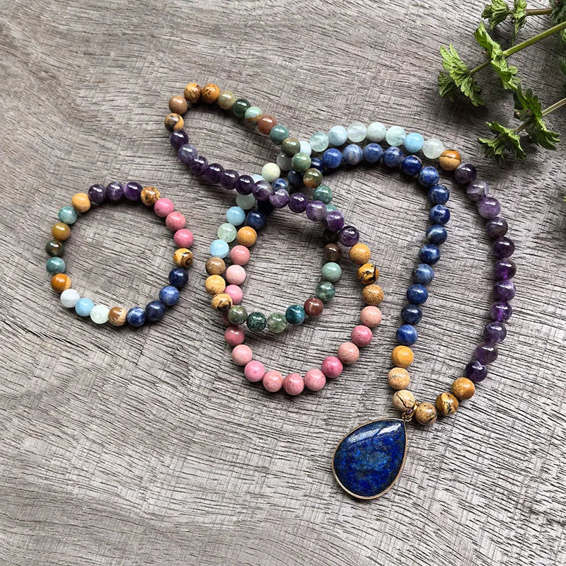 Natural Amethyst, Aquamarine, Indian Agate, Picture Jasper, Rhodonite & Sodalite 108 Beads Mala Set