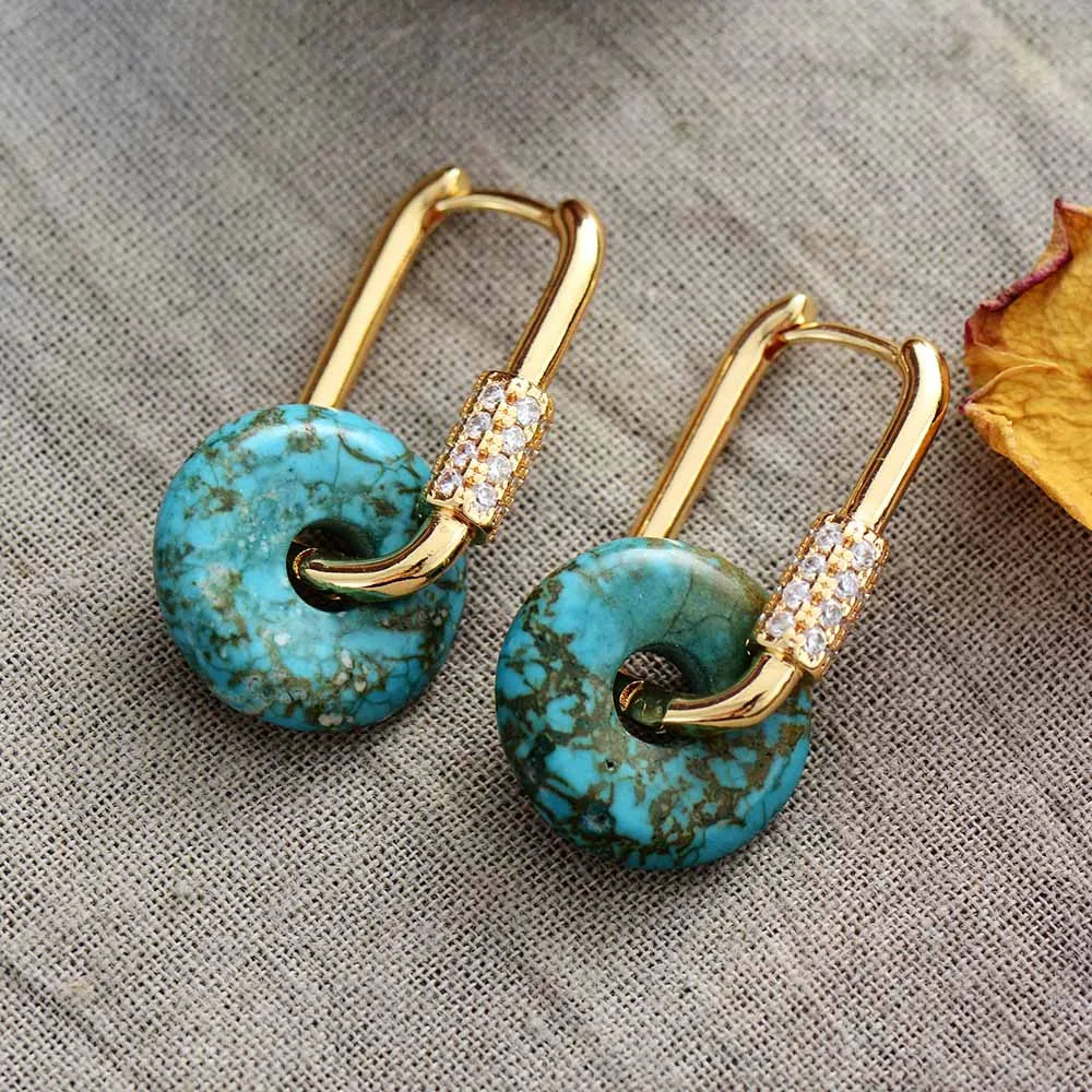 Natural Turquoise Disc Pendants Gold Plated Classy Earrings