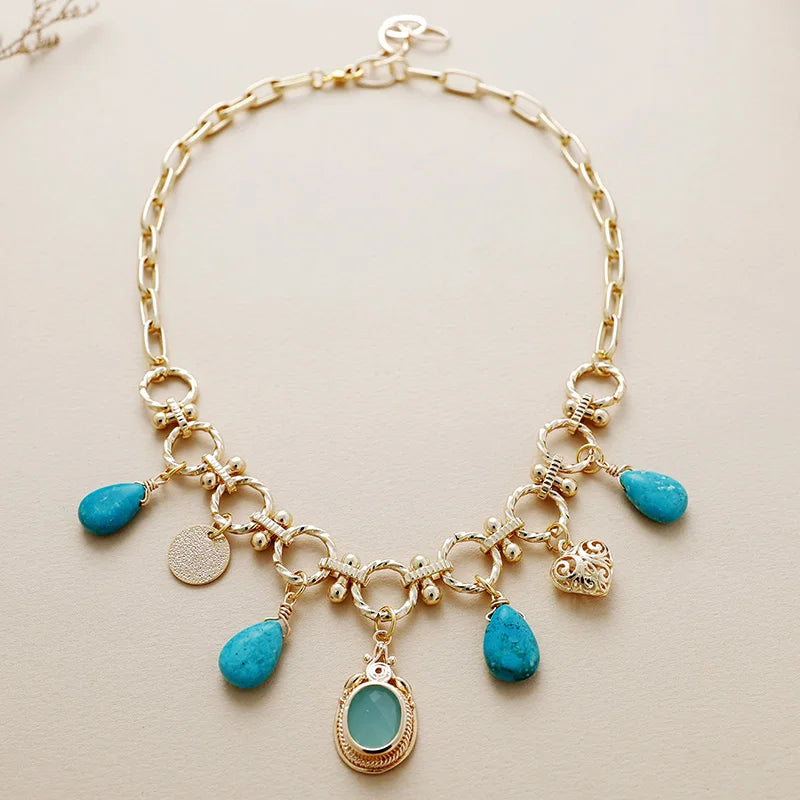 Natural Turquoise Pendants Chunky Chain Choker Necklace