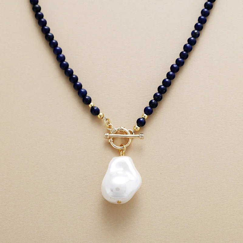 Natural Lapis Lazuli & Freshwater Pearl Pendant Lariat Choker Necklace