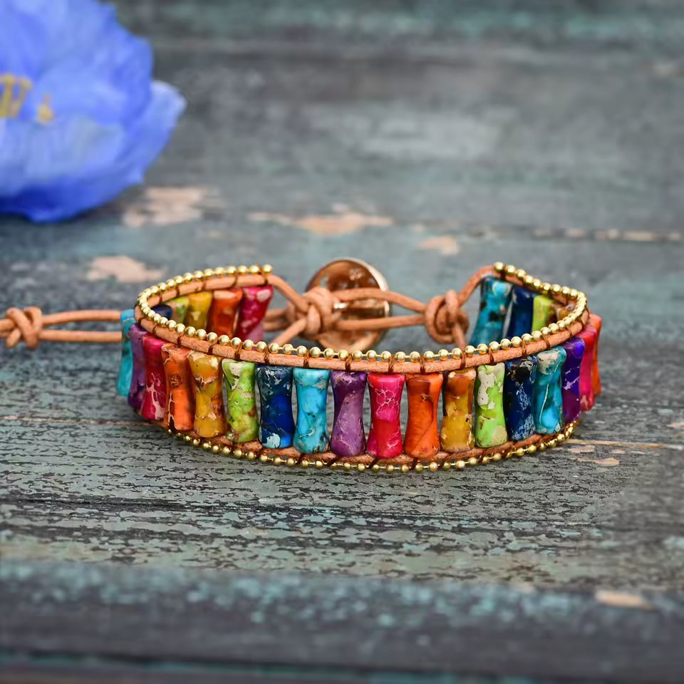 Natural 7 Chakras Jasper Leather Cuff Wrap Bracelet