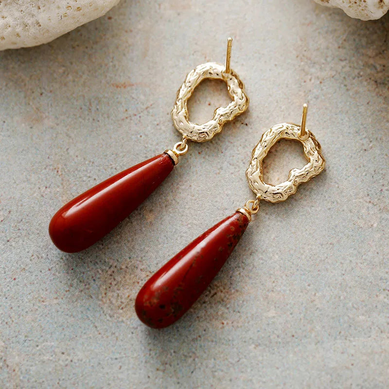 Natural Red Jasper Gold Plated Dangle Earrings