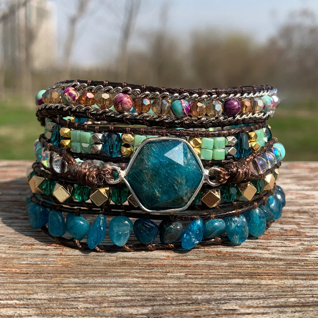 Natural Apatite & Mixed Jasper Hexagonal Charm Vegan Wrap Bracelet