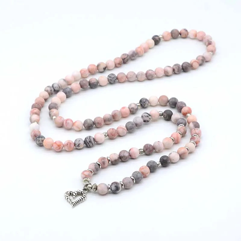 Natural Pink Zebra Stone 108 Beads Mala Necklace Wrap Bracelet