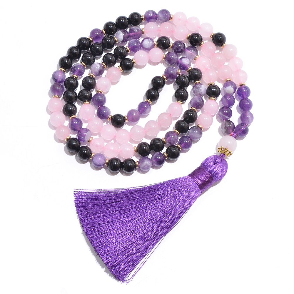 Natural Amethyst, Black Onyx & Rose Quartz 108 Beads Mala Necklace / Bracelet