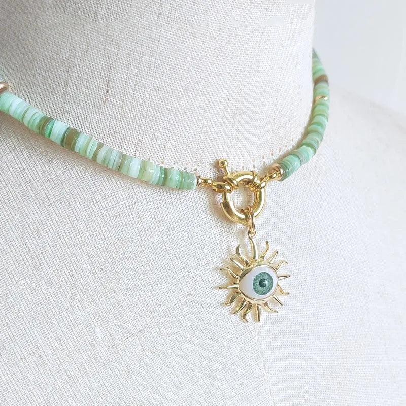 Natural Jade, Amazonite & Shell Evil Eye Gold Plated Lariat Necklace