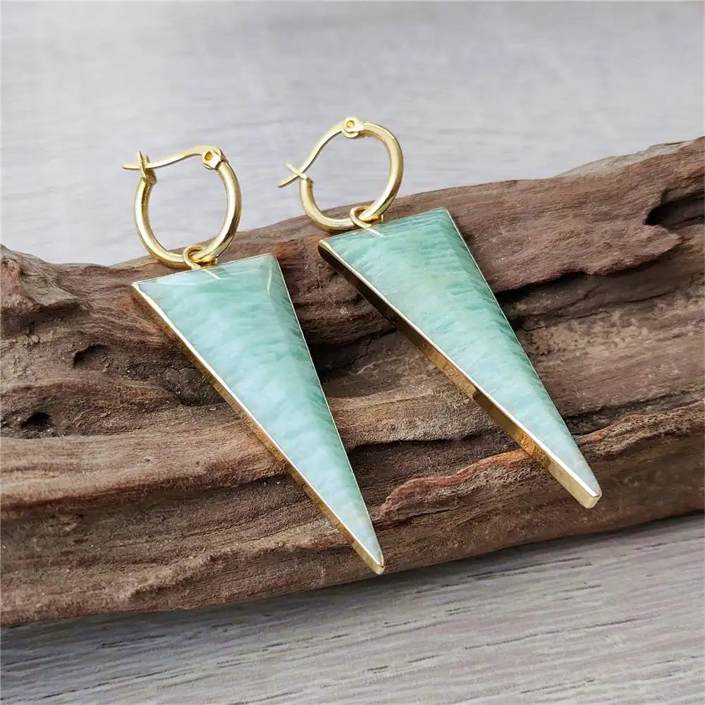 Natural Amazonite Gold Plated Triangular Earrings