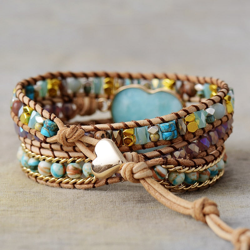 Natural Imperial Jasper & Amazonite Heart Leather Wrap Bracelet