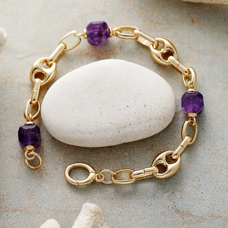 Natural Amethyst Gold Plated Chunky Chain Bracelet