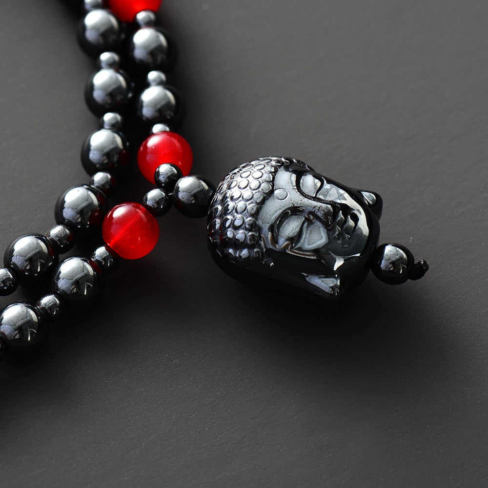 Natural Hematite & Onyx Buddha Head Necklace