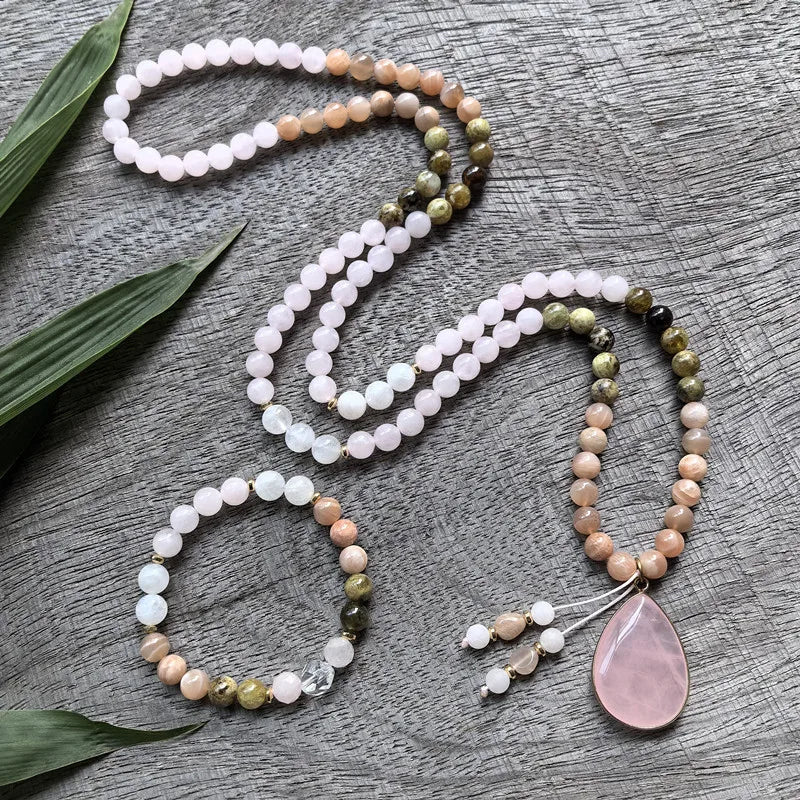 Natural Garnet, Sunstone & Rose Quartz 108 Beads Mala Set