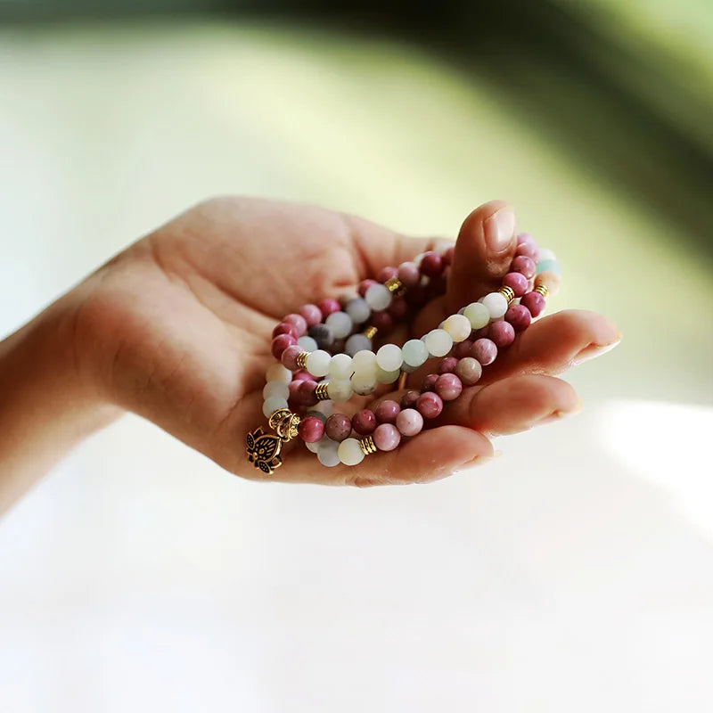 Natural Amazonite & Rhodonite 108 Beads Lotus Mala