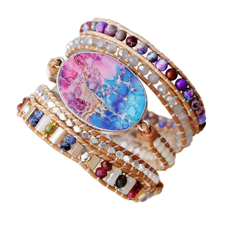 Natural Sea Sediment Jasper & Agate Vegan Leather Wrap Bracelet