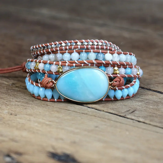 Natural Amazonite Leather Wrap Bracelet