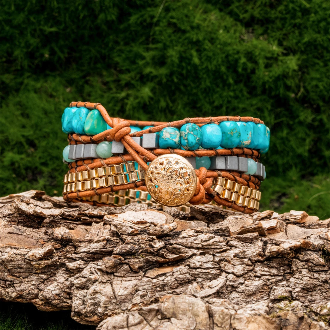 Natural Jasper Turquoise Heart Leather Wrap Bracelet