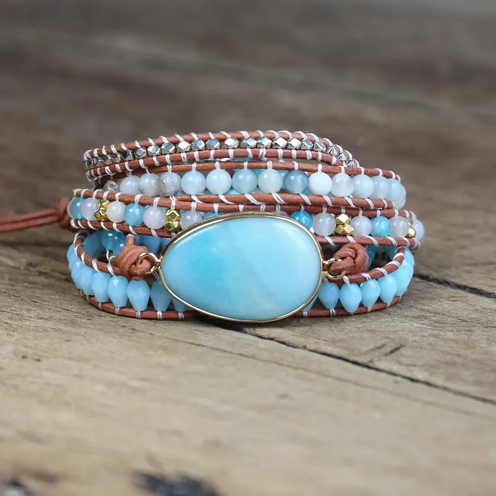 Natural Amazonite Leather Wrap Bracelet