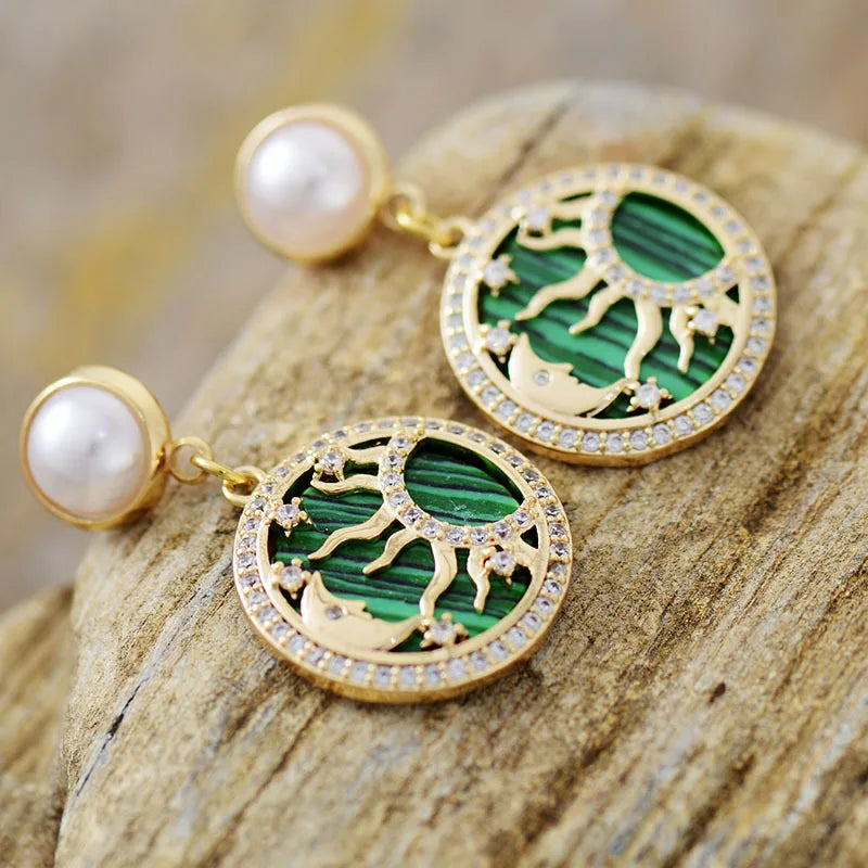 Natural Malachite Gold Plated Sun & Moon Earrings