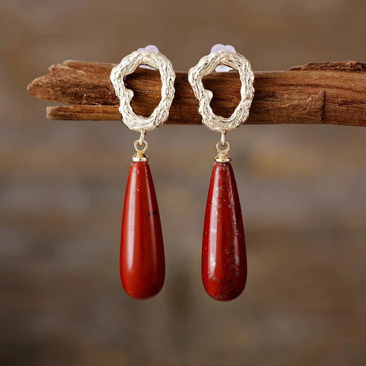 Natural Red Jasper Gold Plated Dangle Earrings