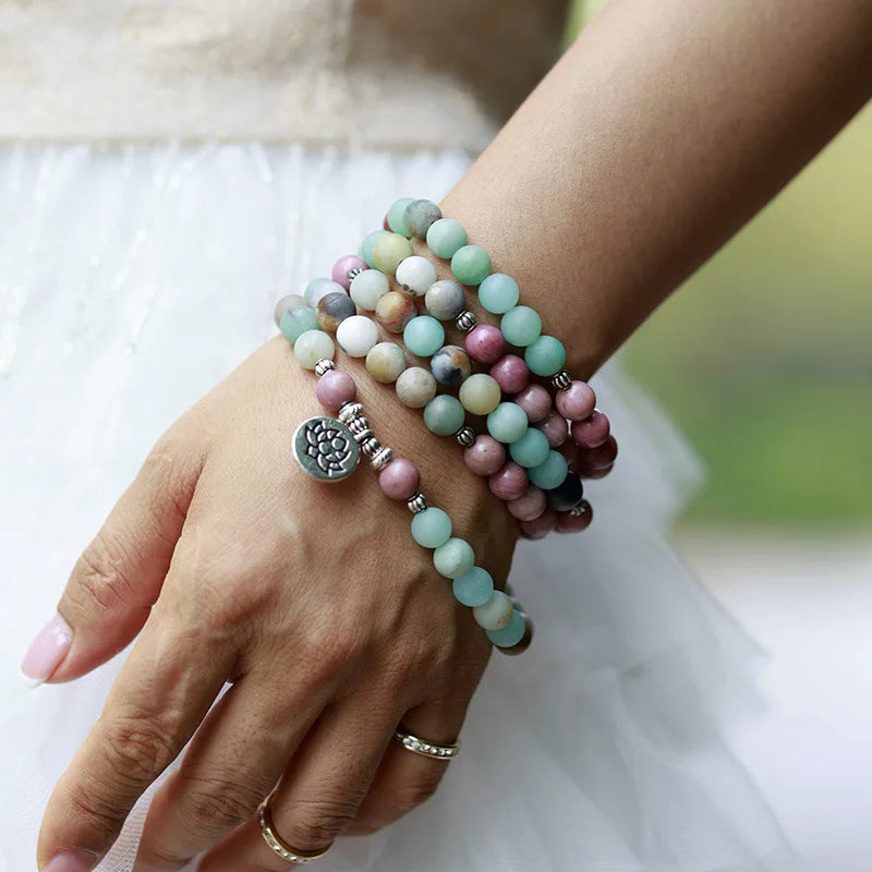 Natural Amazonite & Rhodonite 108 Beads Mala