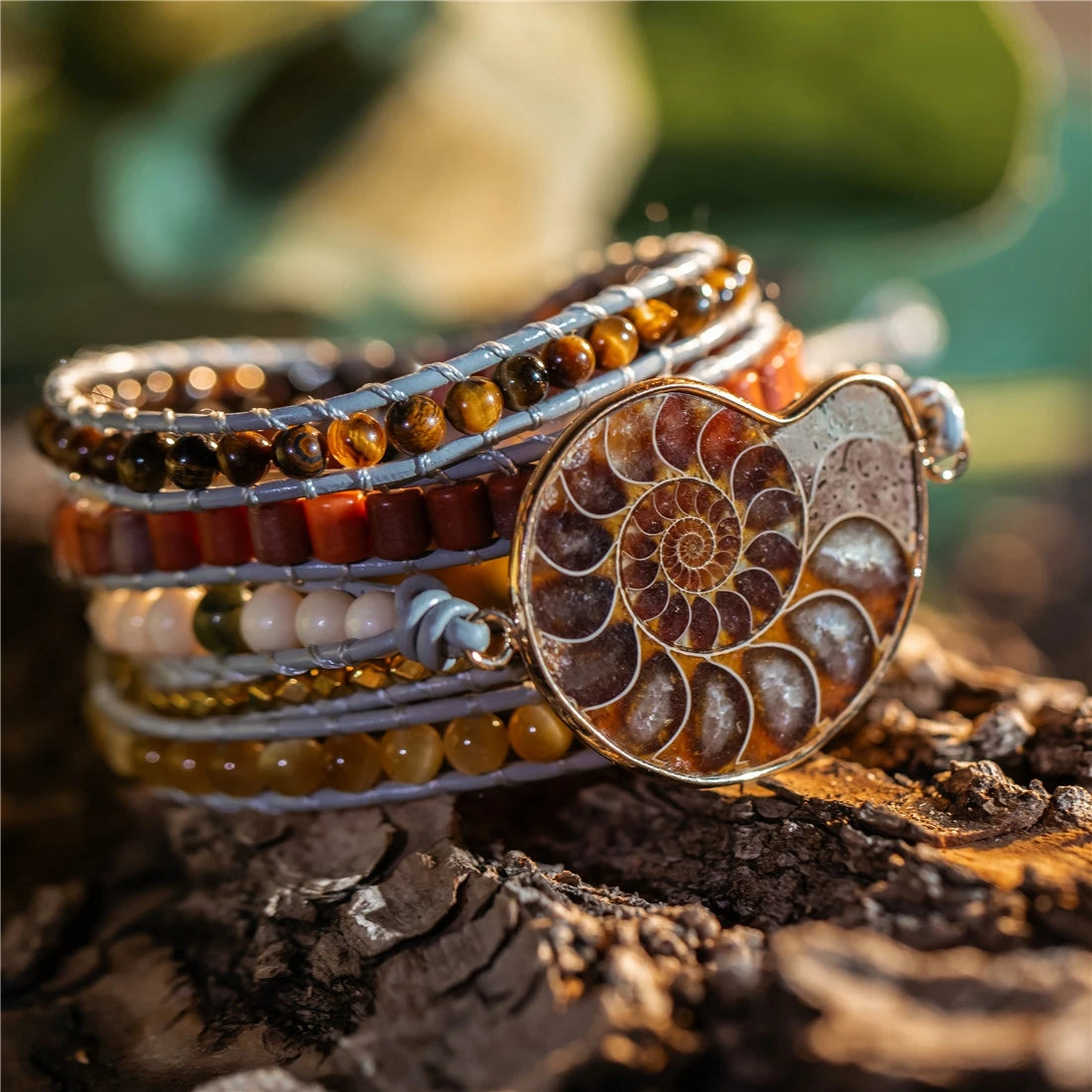 Natural Ammonite, Tiger Eye, Agate & Jasper Vegan Wrap Bracelet